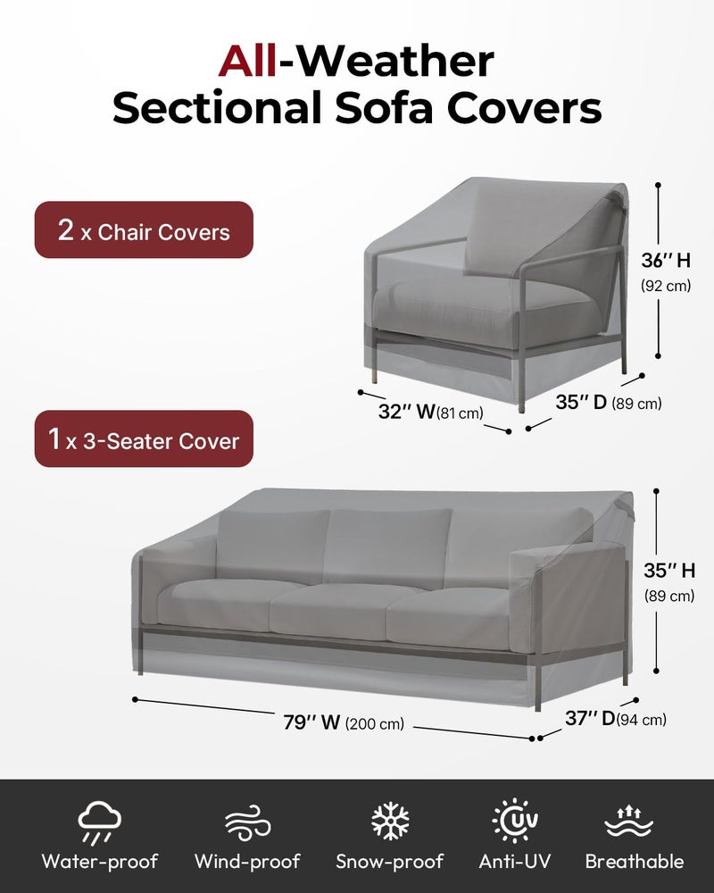 loriano 3-Piece Patio Furniture Chair Covers Set  Outdoor 600D Heavy-Duty Waterproof  Fits 3 Seater Sofa 79""x37""x35""& 2 Chairs 32""x35""x36""  All-Weather Windproof Protection for Deck  Backyard (Gray) - Image 2